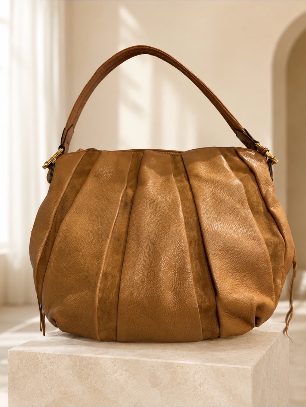 Aimee Kestenberg Caramel Pleated Hobo Shoulder Bag